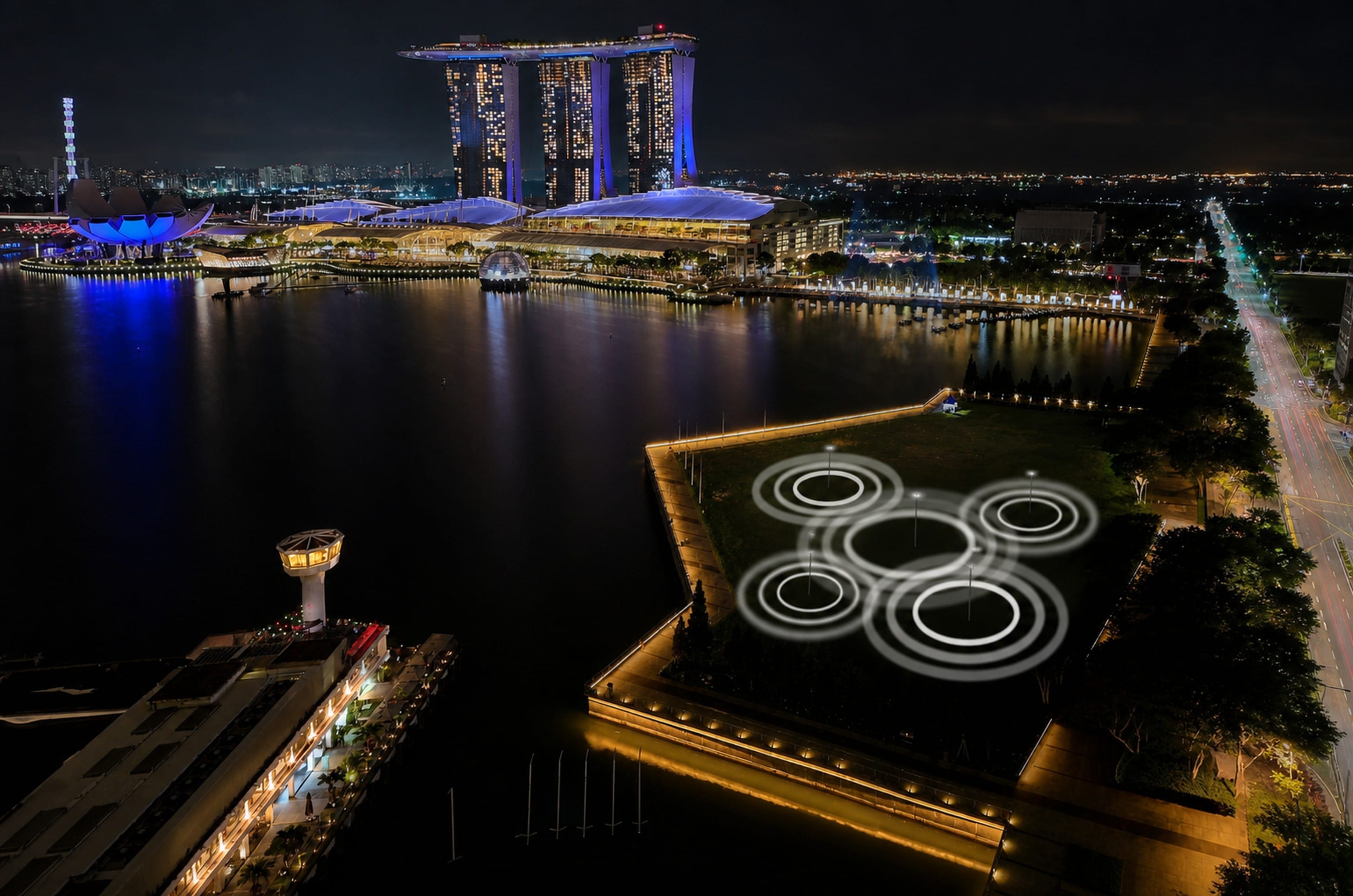 marina bay landscape with 5 rings on the waterfront